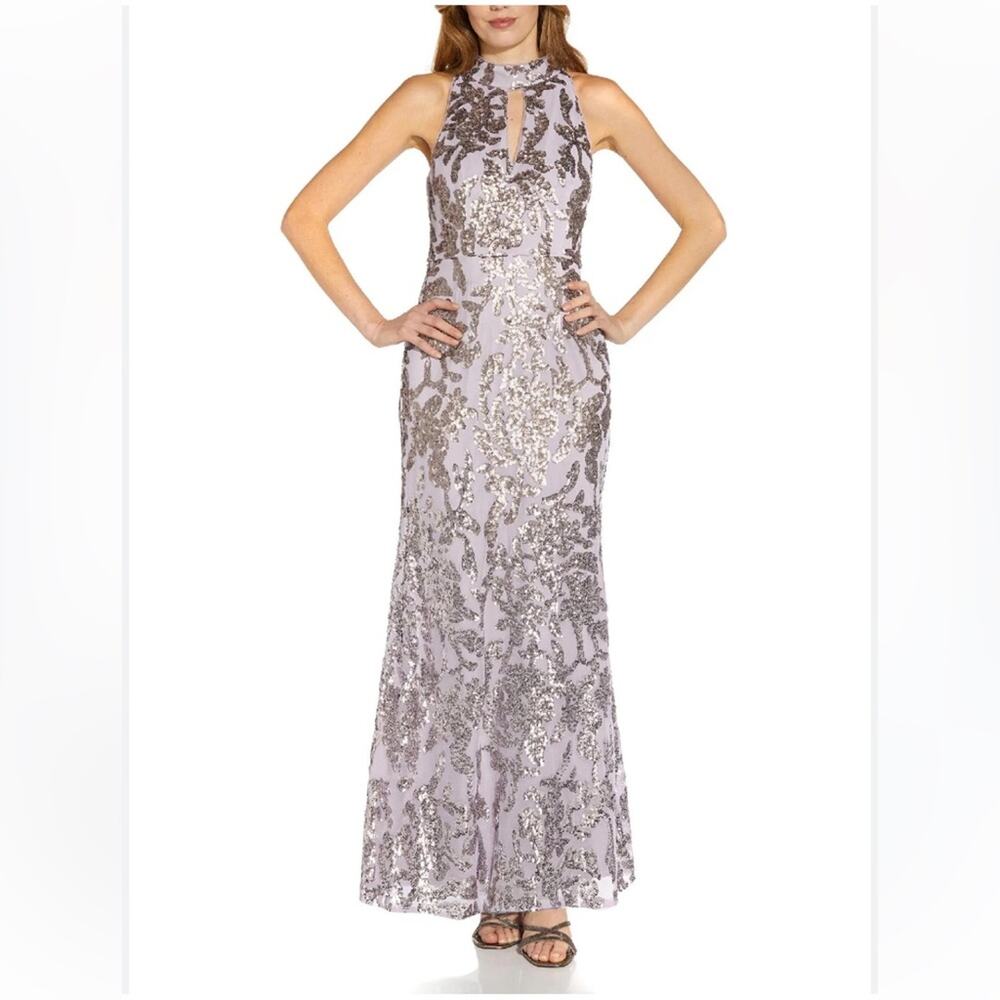 Adrianna Papell Lavender Sequin Halter Gown